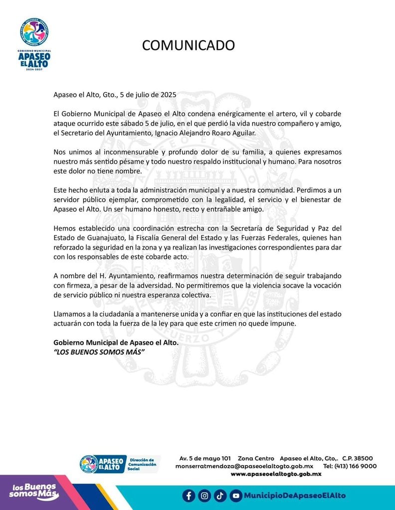 El Gobierno Municipal de Apaseo El Alto condenó el ataque contra Ignacio Alejandro Roaro Aguilar.